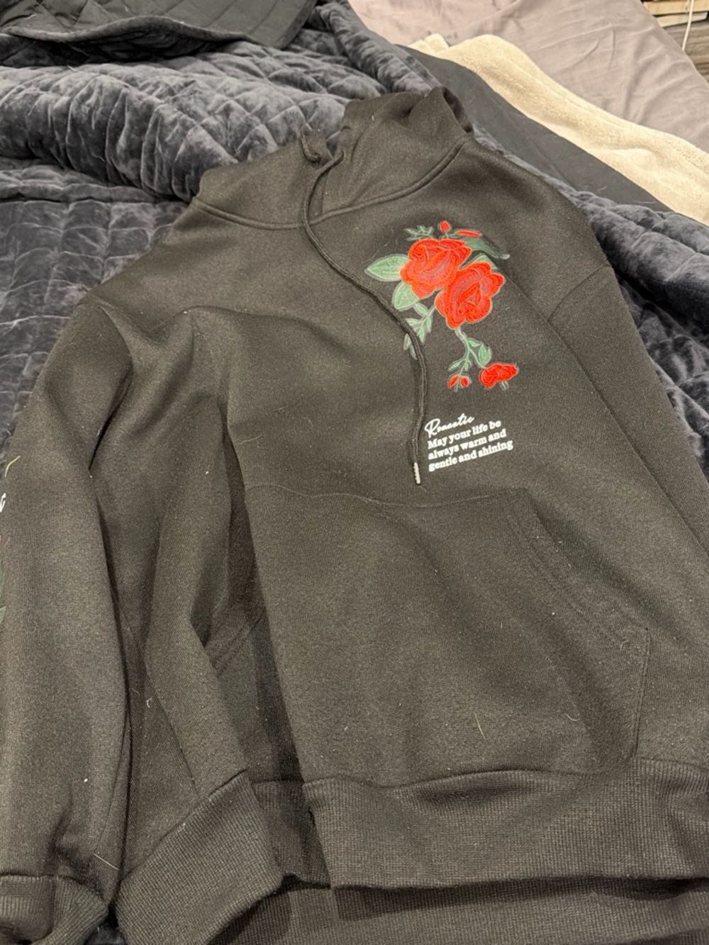 Men's Black Hoodie with Red Rose Embroidery